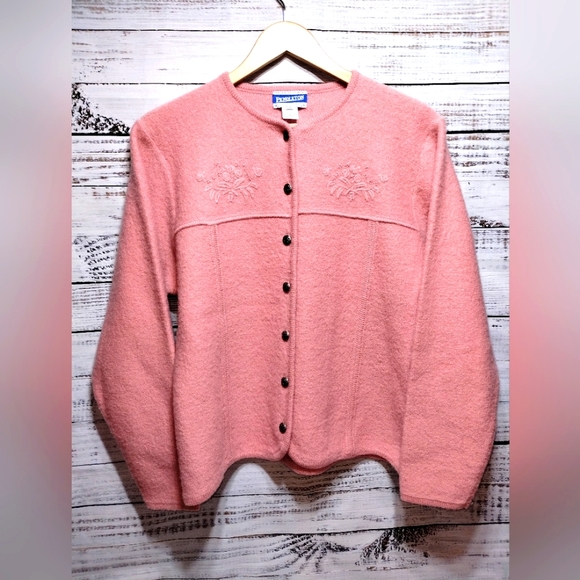 Pendleton 100% Wool Women's Pink Button Cardigan Embroidered Floral size‎ L - Picture 1 of 7